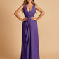 Sexy Satin Deep V-neck Long Bridesmaid Dresses A-line Pleats Sleeveless Floor Length