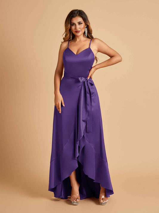Satin Asymmetric V-neck Bridesmaid Dresses Sleeveless Side Slit A-line Unique