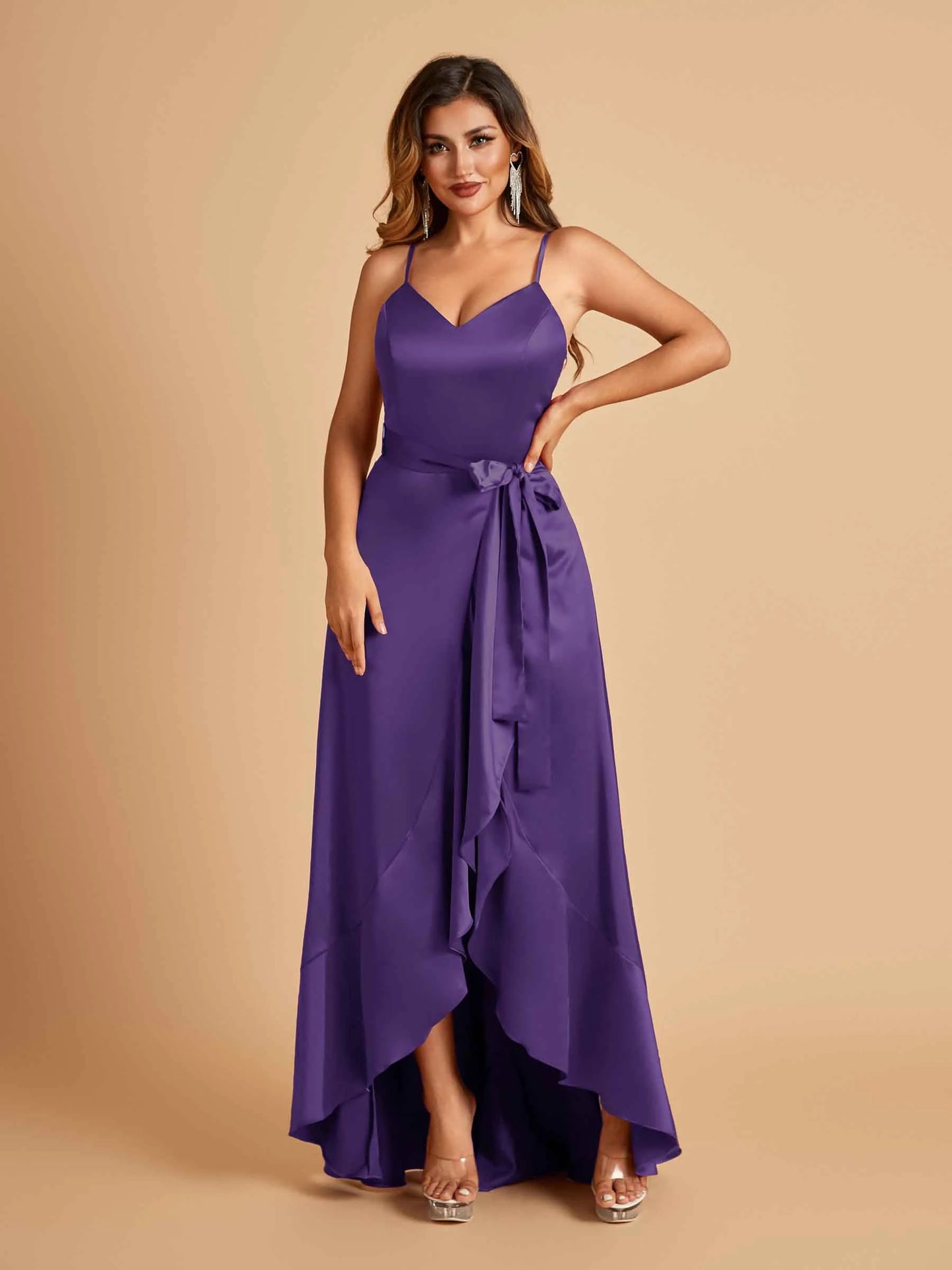 Satin Asymmetric V-neck Bridesmaid Dresses Sleeveless Side Slit A-line Unique For Sale