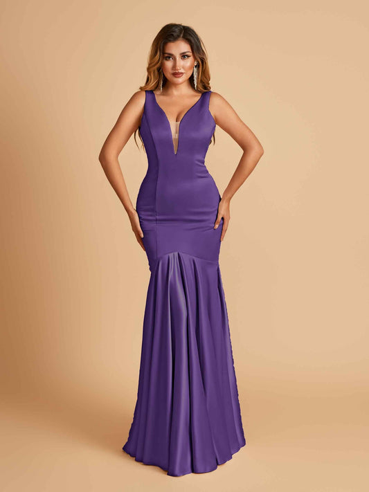 Satin Deep V-neck Mermaid Prom Dresses Half Open Back Floor Length