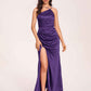 Satin Halter Pleats Sheath Prom Dresses Side-Slit Floor Length Sleeveless