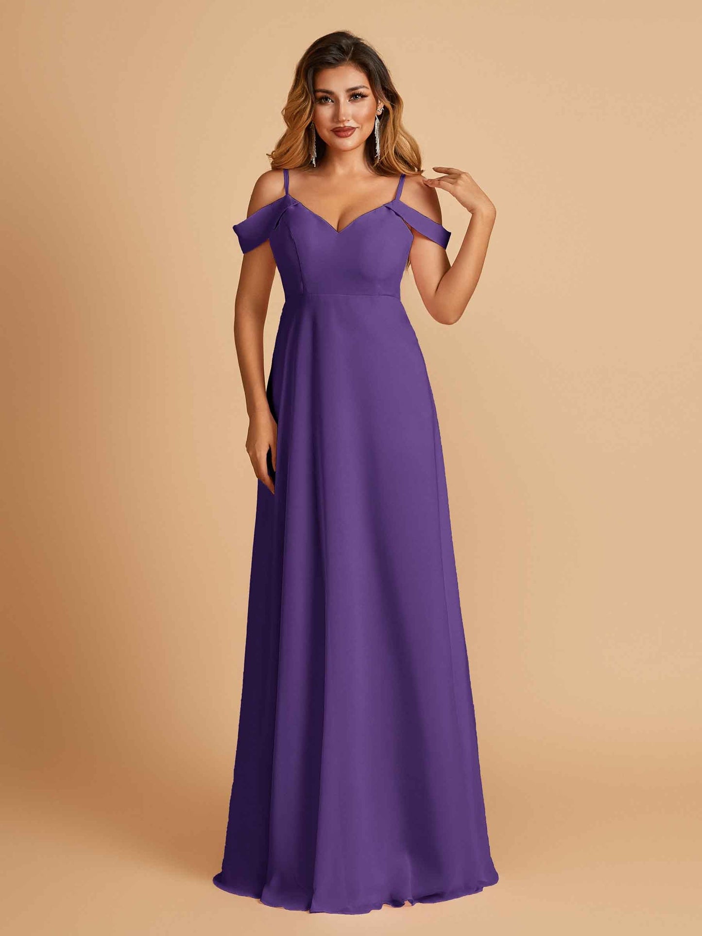 Chiffon Off-shoulder Long Prom Dresses V-neck Floor Length A-line