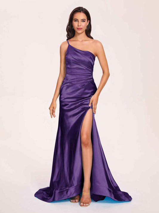 Satin One-shoulder Mermaid Prom Dresses Side Slit Pleats Floor Length