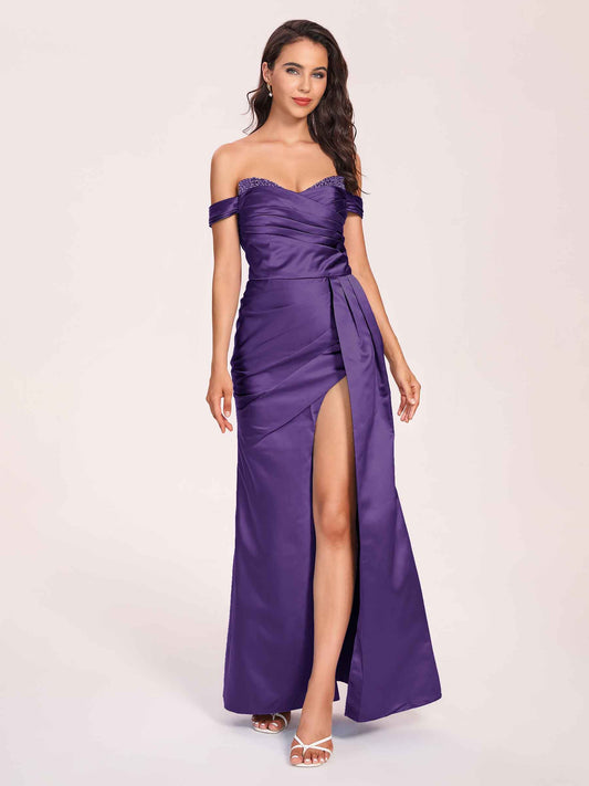 Elegant Satin Off Shoulder Bridesmaid Dresses Side-slit Sweetheart Floor Length Sheath