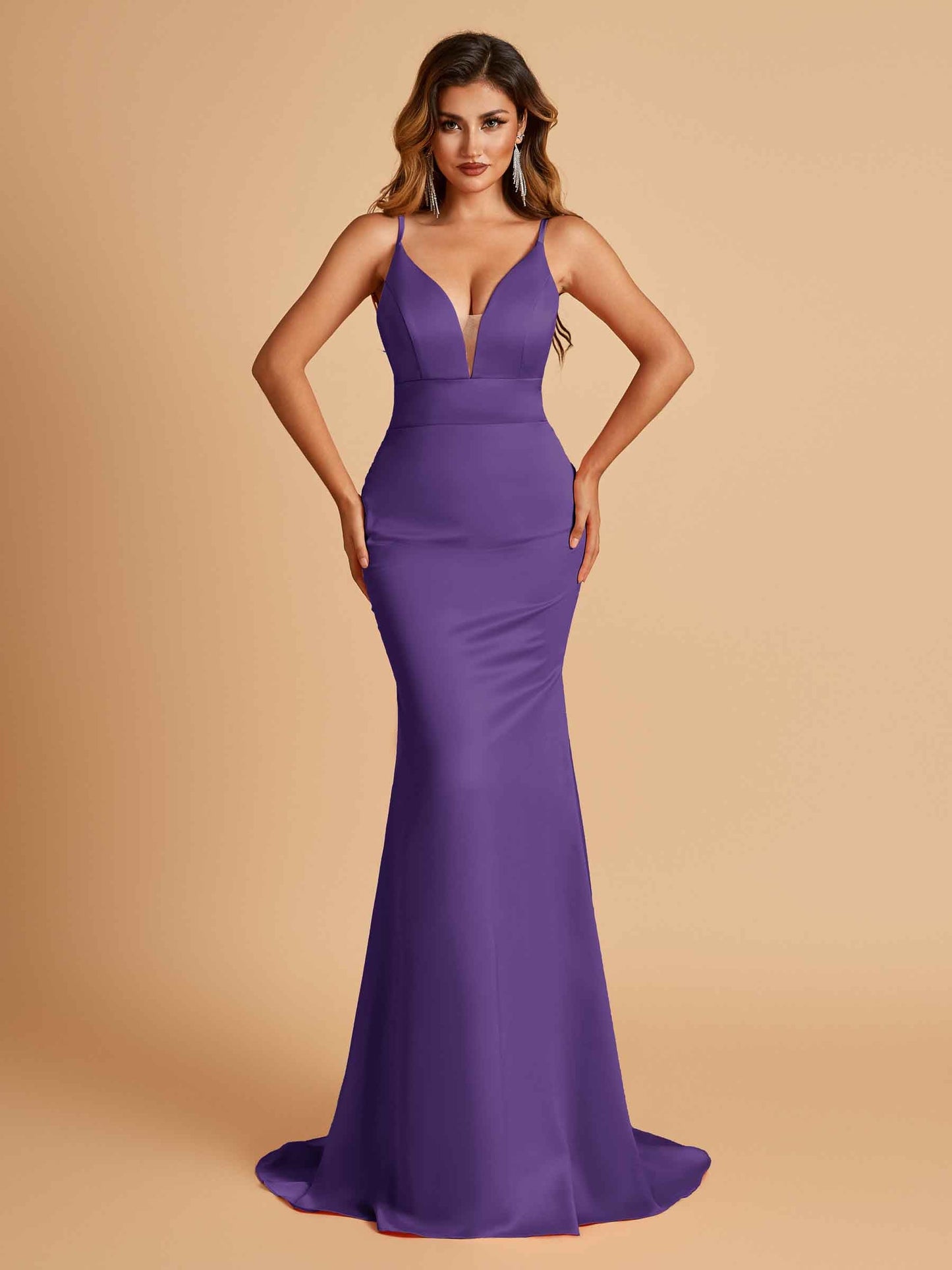Satin Deep V-neck Mermaid Prom Dresses Open Back Floor Length