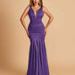 Satin Deep V-neck Mermaid Bridesmaid Dresses Half Open Back Floor Length