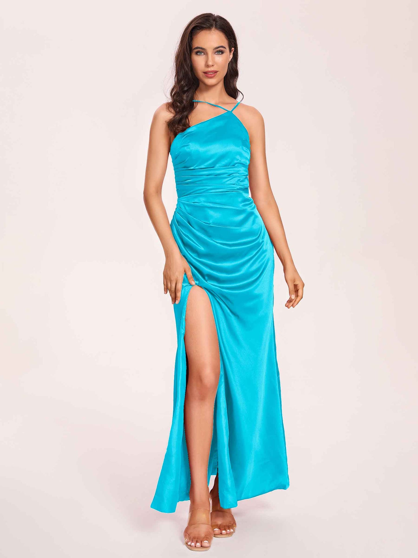 Satin Halter Pleats Sheath Bridesmaid Dresses Side-Slit Floor Length Sleeveless