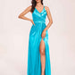Sexy Satin A-line Prom Dresses Spaghetti Straps Side Slit V-neck Floor Length