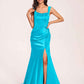 Sexy Satin Square Mermaid Bridesmaid Dresses Pleats Side-Slit Floor-Length Sleeveless