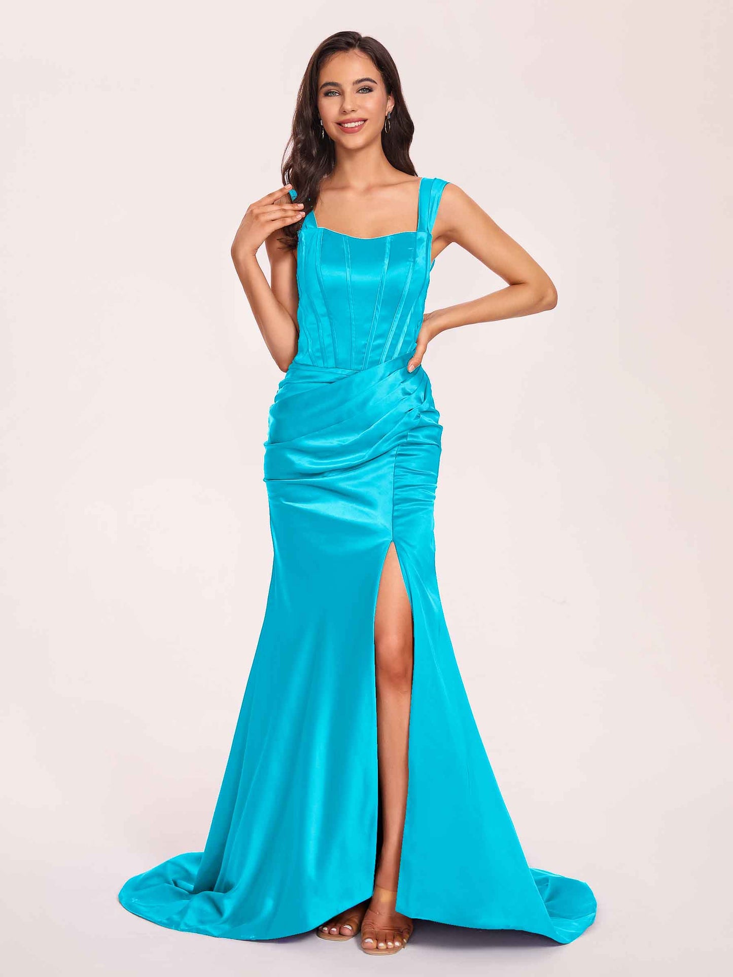 Sexy Satin Square Mermaid Bridesmaid Dresses Pleats Side-Slit Floor-Length Sleeveless