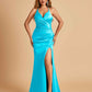 Sexy Satin Mermaid Long Prom Dresses Spaghetti Straps Sweetheart Side Slit Criss-cross Back