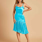 Sexy Satin Midi Asymmetrical Bridesmaid Dresses Spaghetti Straps Mermaid With Ruffles