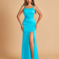Satin Mermaid Long Bridesmaid Dresses Spaghetti Straps Scoop Side Slit Criss-cross Back