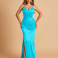 Satin Mermaid Long Bridesmaid Dresses Spaghetti Straps V-neck Side Slit Floor Length For Sale