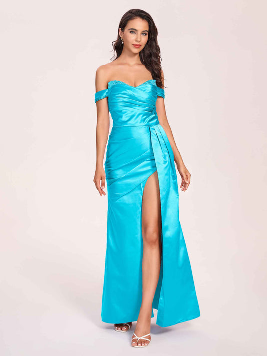 Elegant Satin Off Shoulder Bridesmaid Dresses Side-slit Sweetheart Floor Length Sheath