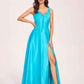 Satin V-neck A-line Prom Dresses Side slit Floor Length