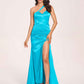 Sexy Satin One-shoulder Prom Dresses Side Slit Sheath Floor Length Long