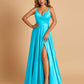 Satin A-line Long Prom Dresses Spaghetti Straps V-neck Side Slit Floor Length