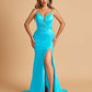 Satin Mermaid Long Prom Dresses Spaghetti Straps Sweetheart Side Slit Floor Length