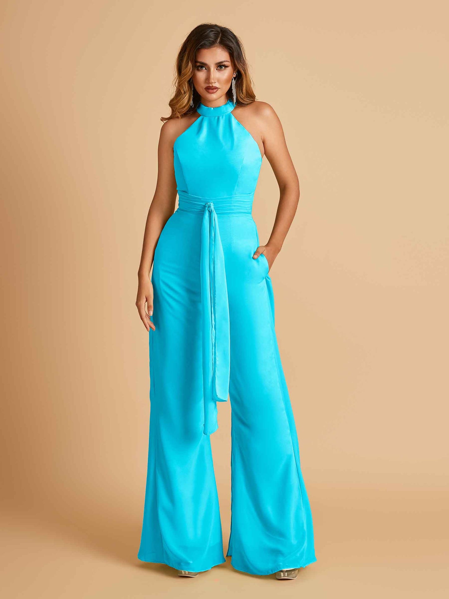 Chiffon Bridesmaid Jumpsuit Jewel Neck Sleeveless Floor Length With Pockets