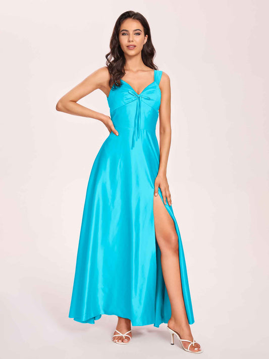 Satin V-neck A-line Bridesmaid Dresses Side slit Floor Length