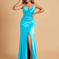 Sexy Satin Sheath Prom Dresses Spaghetti Straps V-neck Side Slit Pleats Floor Length