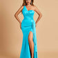 Satin One Shoulder Mermaid Bridesmaid Dresses Side Slit Floor Length