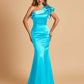Satin One-shoulder Bridesmaid Dresses Ruffle Sleeves Mermaid Floor Length For Sale