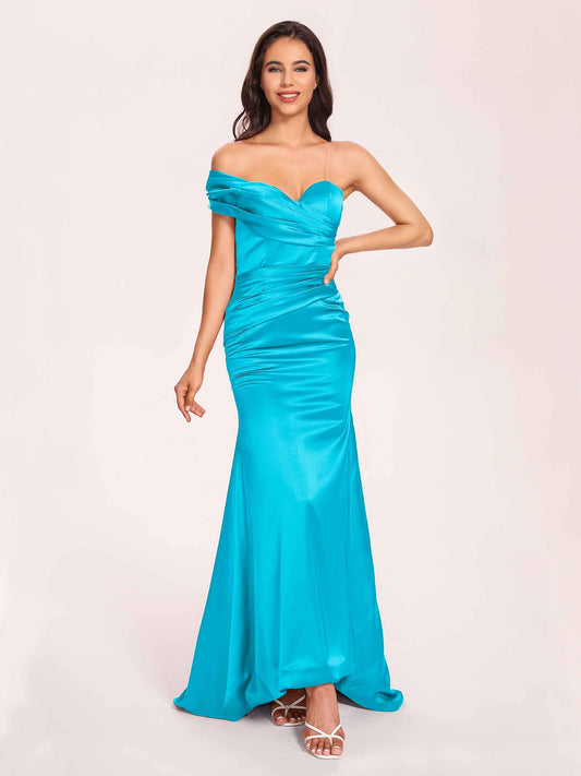 Satin One-shoulder Prom Dresses Pleats Floor Length Mermaid Long