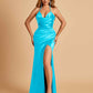 Sexy Satin Halter Straps Sheath Prom Dresses Side Slit Pleats Floor Length