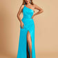 Satin One Shoulder Sheath Prom Dresses Spaghetti Straps Side Slit Floor Length