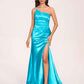 Satin One-shoulder Mermaid Prom Dresses Side Slit Pleats Floor Length