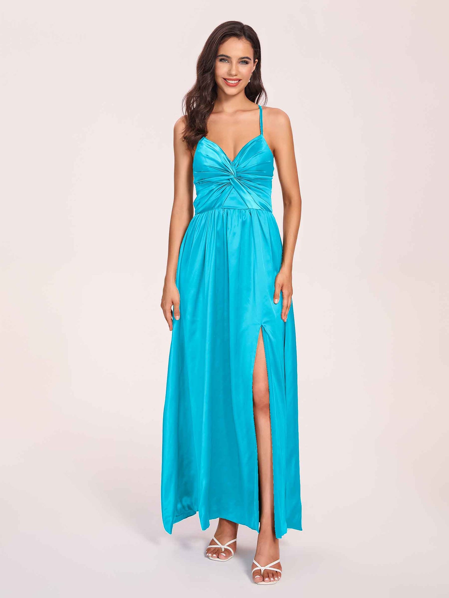 Satin Spaghetti Straps A-line Bridesmaid Dresses Side Slit Floor Length