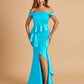 Satin Mermaid Off Shoulder Bridesmaid Dresses With Ruffles Side Slit Floor Length