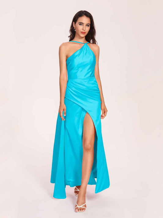 Sexy Satin Halter Strap Sheath Bridesmaid Dresses Side Slit Pleats Floor Length