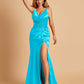 Sexy Satin Mermaid Bridesmaid Dresses Spaghetti Straps V-neck Side Slit Half Open Back