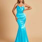 Satin Mermaid Open Back Bridesmaid Dresses Spaghetti Straps Scoop Floor Length