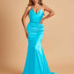 Sexy Satin Mermaid Prom Dresses Spaghetti Straps V-neck Pleats Floor Length