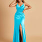 Sexy Satin Sheath Bridesmaid Dresses Spaghetti Straps V-neck Side Slit Pleats Floor Length
