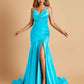Sexy Satin Mermaid Open Back Prom Dresses Spaghetti Straps V-neck Side Slit