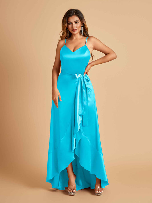 Satin Asymmetric V-neck Bridesmaid Dresses Sleeveless Side Slit A-line Unique