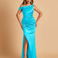 Unique Satin One Shoulder Prom Dresses Side Slit Half Open Back Floor Length