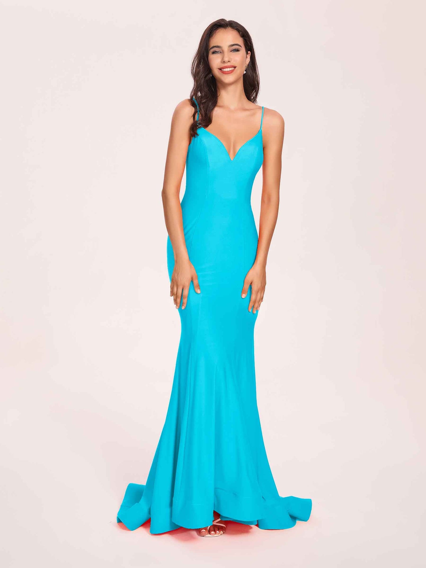 Sexy Satin Mermaid Prom Dresses Spaghetti Straps V-neck Floor Length Lace-up Back