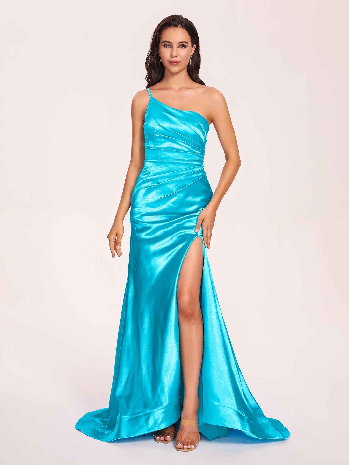Satin One-shoulder Mermaid Bridesmaid Dresses Side Slit Pleats Floor Length