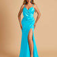 Sexy Satin Sheath Prom Dresses Spaghetti Straps V-neck Side Slit Floor Length