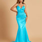 Satin Mermaid V-neck Prom Dresses Spaghetti Straps Floor Length