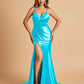 Satin Mermaid V-neck Bridesmaid Dresses Spaghetti Straps Side Slit Floor Length