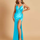 Sexy Satin Spaghetti Straps Prom Dresses V-neck Side Slit Pleats Floor Length Sheath