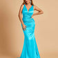 Sexy Satin Criss-cross Back Prom Dresses Mermaid Deep V-neck Back Pleats Floor Length
