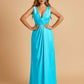 Sexy Satin Deep V-neck Long Bridesmaid Dresses A-line Pleats Sleeveless Floor Length